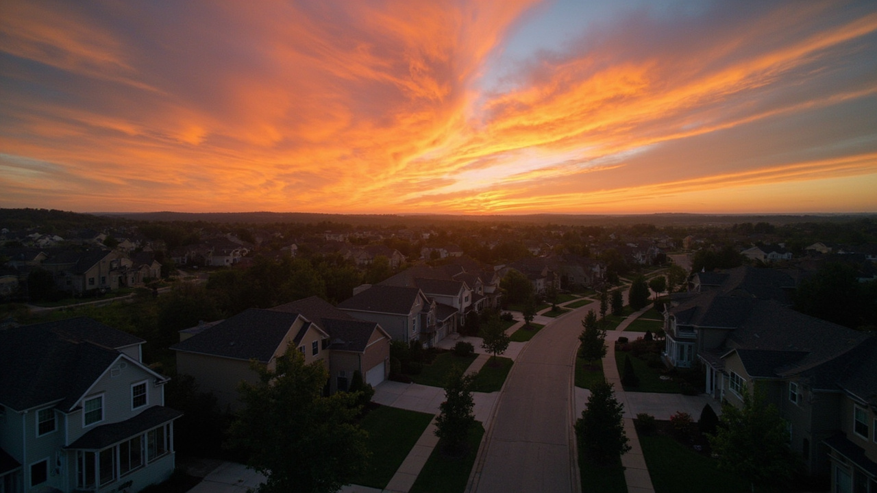 Aerial drone shot of suburban neighborhood at golden hour