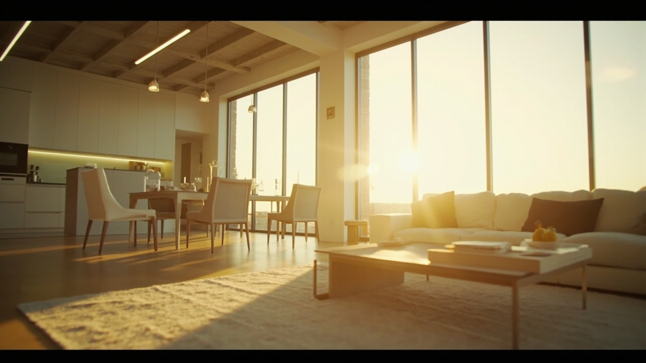 Cinematic interior of modern kitchen and living space